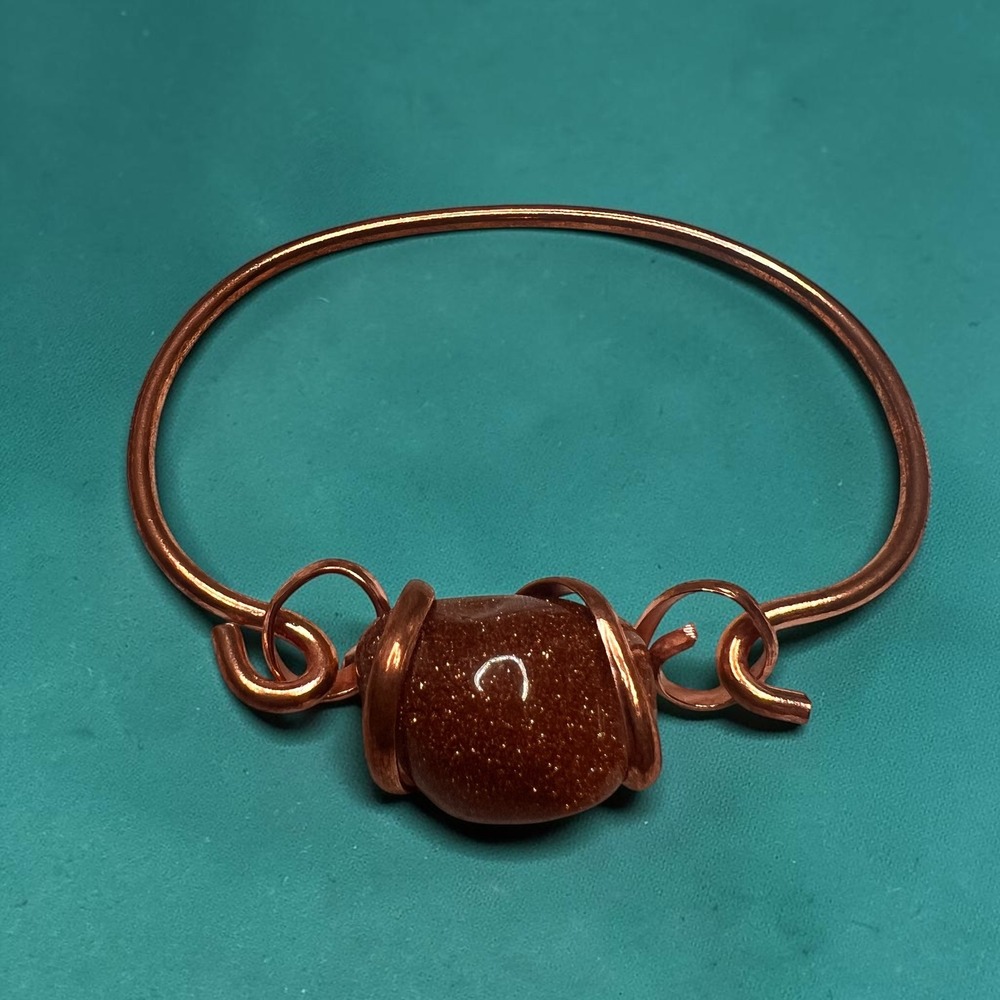 Handmade Mexican Copper Bangle Bracelet Brown Aventurine Stone Artisan Jewelry